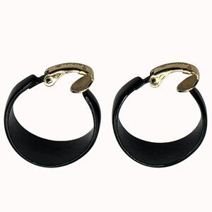 Crown Trifari Clip-On Earrings Hoop Teardrop Black Gold Tapered Wide Bottom VTG